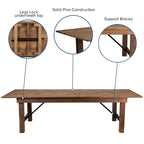 Ensemble table de ferme pliante rustique 9' x 40 avec 12 chaises à dossier croisé et coussins