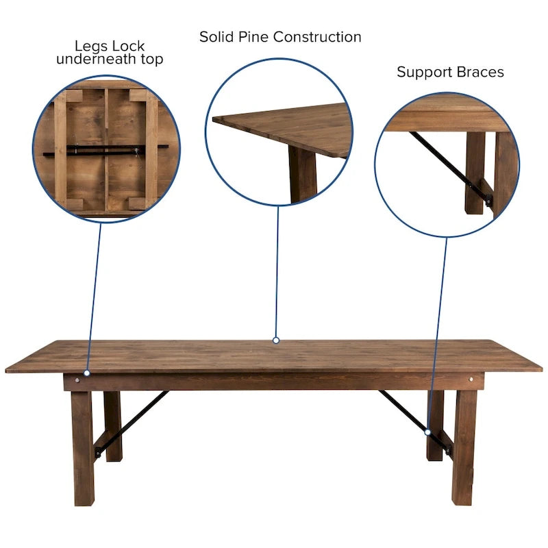Ensemble table de ferme pliante rustique 9' x 40 avec 12 chaises à dossier croisé et coussins