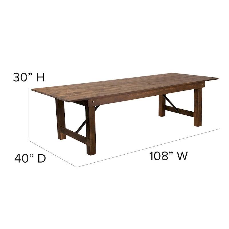 Ensemble table de ferme pliante rustique 9' x 40 avec 12 chaises à dossier croisé et coussins