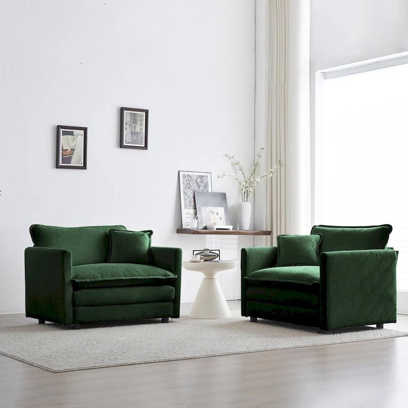 Lot de 2 fauteuils d'appoint, fauteuils en chenille haut de gamme, chaises d'appoint pour salon avec coussin décoratif, chenille verte