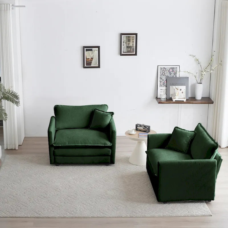 Lot de 2 fauteuils d'appoint, fauteuils en chenille haut de gamme, chaises d'appoint pour salon avec coussin décoratif, chenille verte