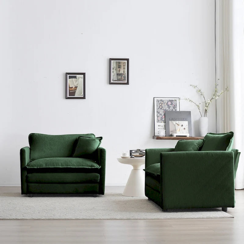 Lot de 2 fauteuils d'appoint, fauteuils en chenille haut de gamme, chaises d'appoint pour salon avec coussin décoratif, chenille verte