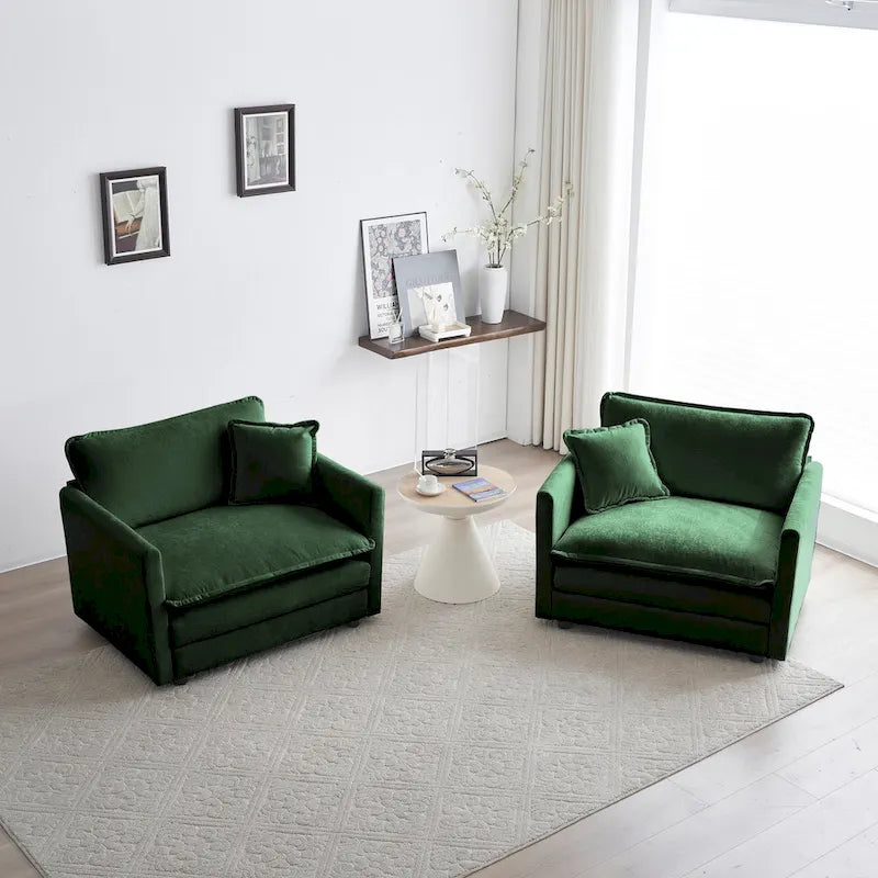Lot de 2 fauteuils d'appoint, fauteuils en chenille haut de gamme, chaises d'appoint pour salon avec coussin décoratif, chenille verte
