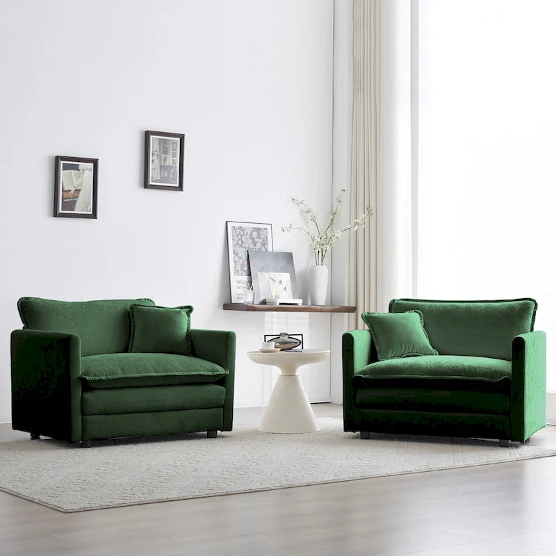 Lot de 2 fauteuils d'appoint, fauteuils en chenille haut de gamme, chaises d'appoint pour salon avec coussin décoratif, chenille verte