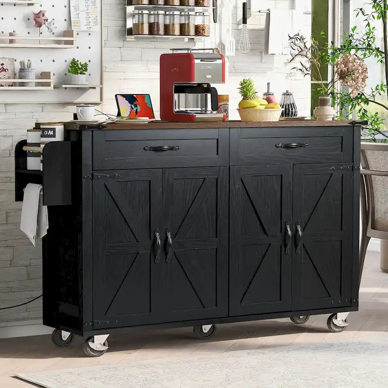 53.5Îlot de cuisine de ferme avec prise de courant, abattant, porte-épices et tiroirs, chariot de rangement mobile avec roulettes