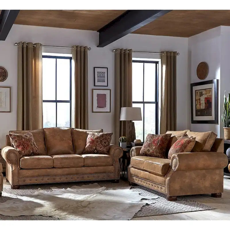 Made in USA Rancho Rustic Brown Buckskin Fabric Sofa Bed and Loveseat Set - 37 x 86 x 40