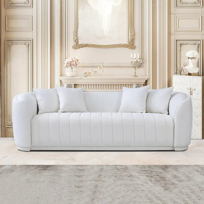 Canapé Bouclé Blanc de Luxe Moderne Milieu de Siècle à Dossier Fixe