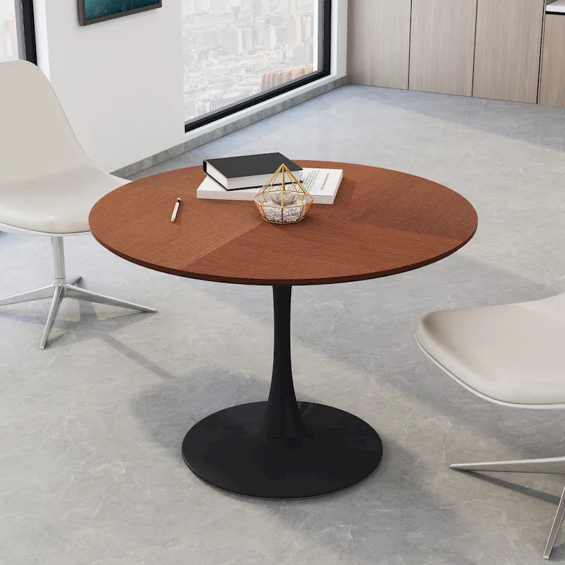 Table à manger moderne avec plateau rond et pied en métal