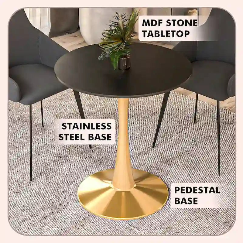 Table à manger ronde de 24 pouces pour 4 personnes avec plateau en MDF et piètement en acier doré pour cuisine et salle à manger