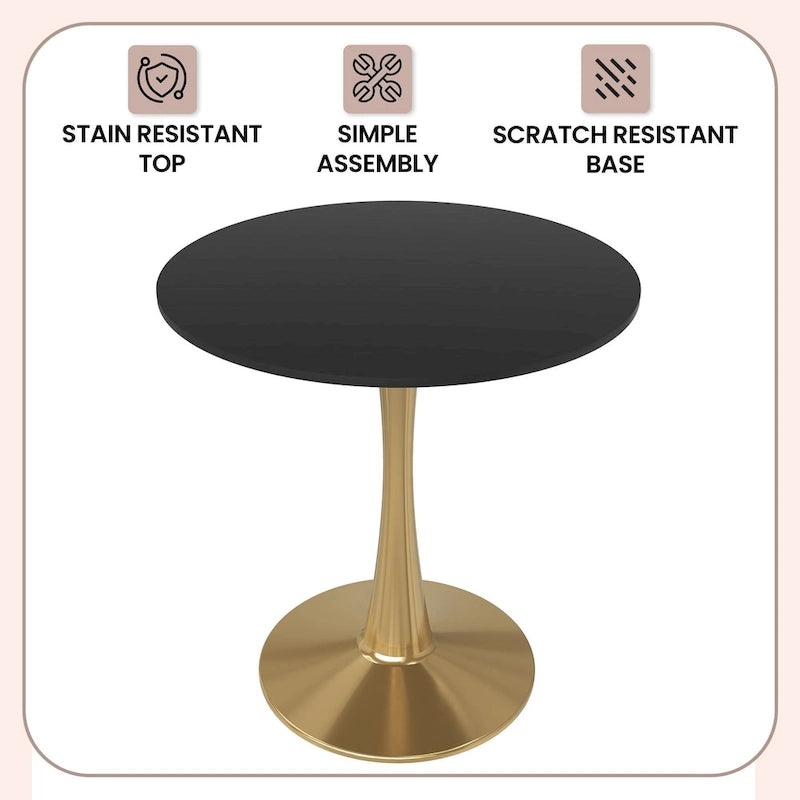 Table à manger ronde de 24 pouces pour 4 personnes avec plateau en MDF et piètement en acier doré pour cuisine et salle à manger