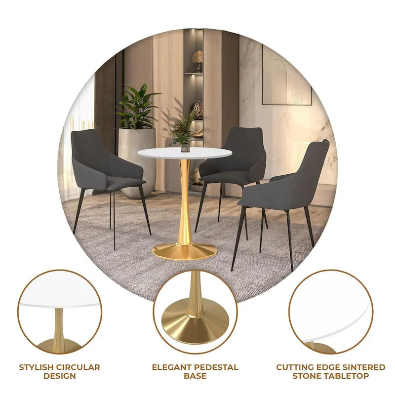 Table à manger ronde de 24 pouces pour 4 personnes avec plateau en MDF et piètement en acier doré pour cuisine et salle à manger