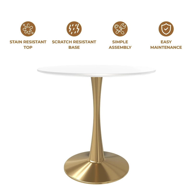 Table à manger ronde de 24 pouces pour 4 personnes avec plateau en MDF et piètement en acier doré pour cuisine et salle à manger