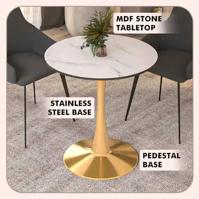 Table à manger ronde de 24 pouces pour 4 personnes avec plateau en MDF et piètement en acier doré pour cuisine et salle à manger