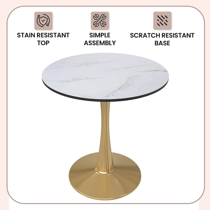 Table à manger ronde de 24 pouces pour 4 personnes avec plateau en MDF et piètement en acier doré pour cuisine et salle à manger