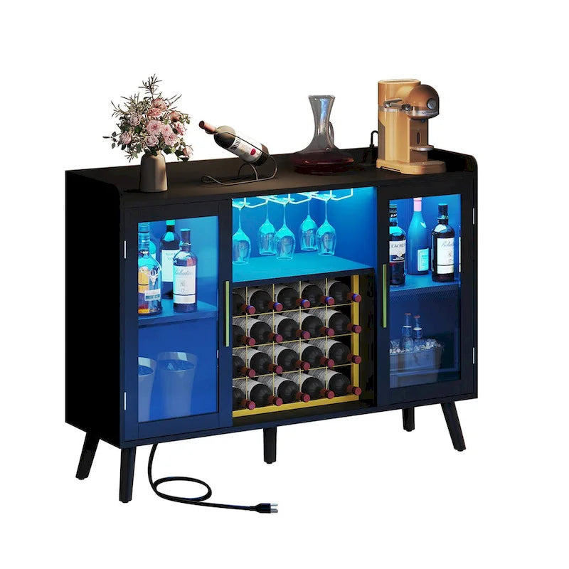 53 Armoire de bar à vin, meuble de bar à café pour alcools et verres avec lumières LED et prises de courant