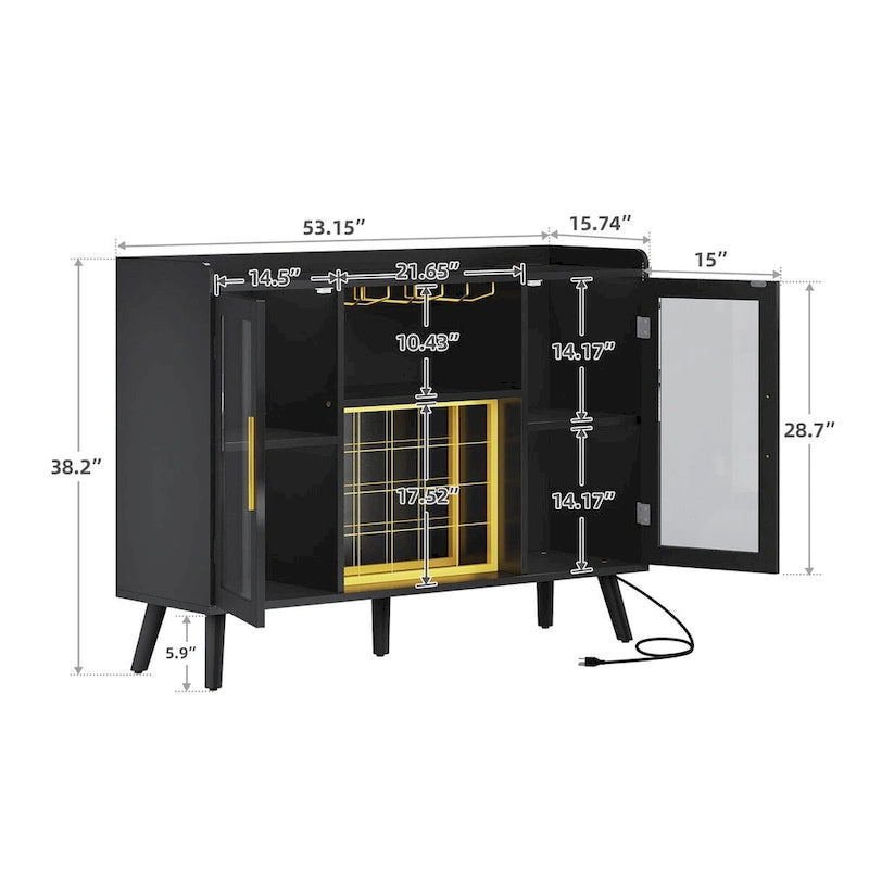 53 Armoire de bar à vin, meuble de bar à café pour alcools et verres avec lumières LED et prises de courant
