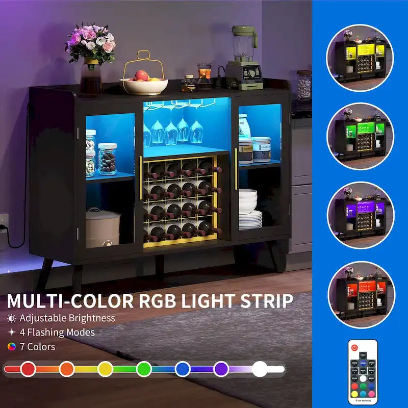 53 Armoire de bar à vin, meuble de bar à café pour alcools et verres avec lumières LED et prises de courant