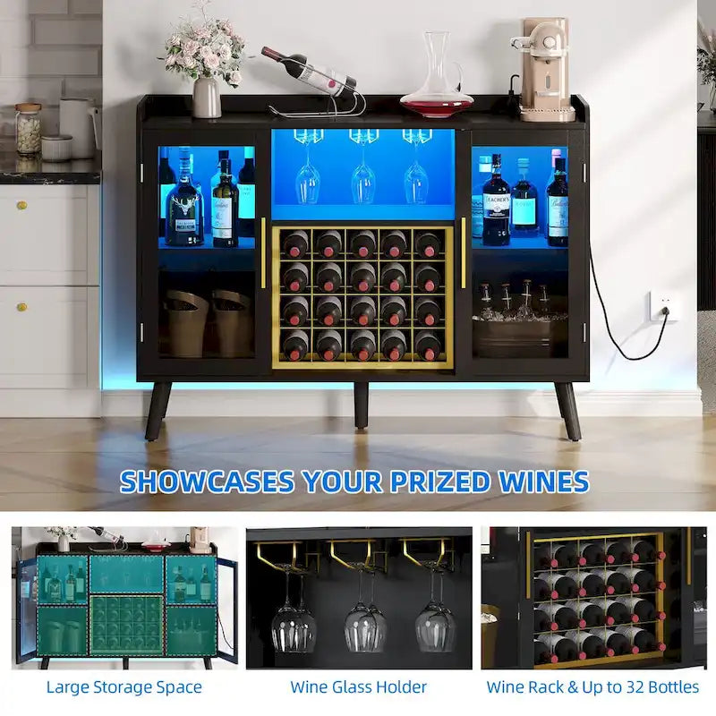53 Armoire de bar à vin, meuble de bar à café pour alcools et verres avec lumières LED et prises de courant