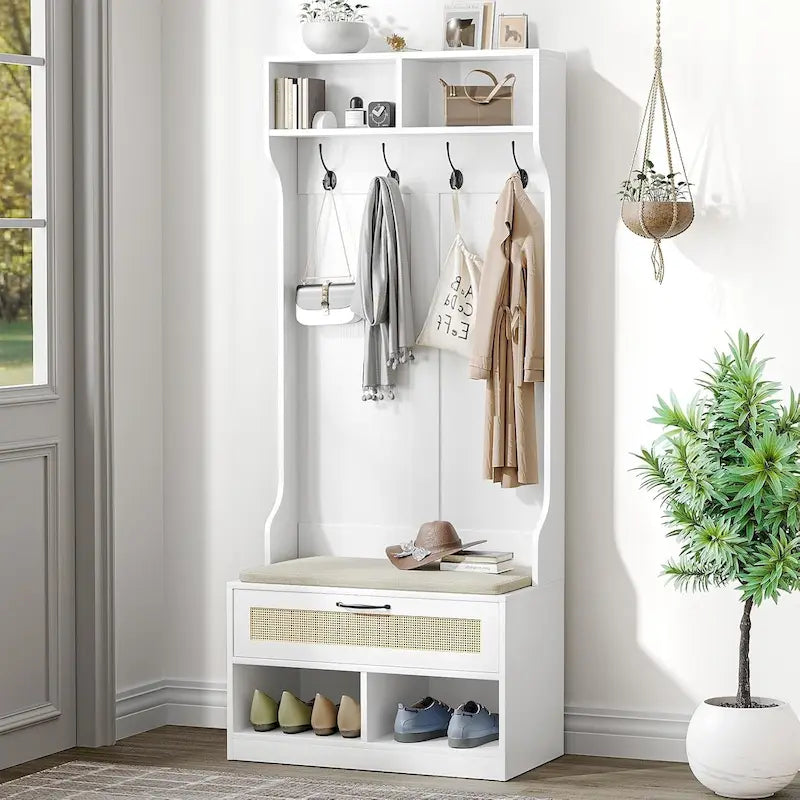 67 Meuble d'entrée 3-en-1 avec banc à chaussures, porte-manteau, 4 patères et 6 compartiments pour entrée