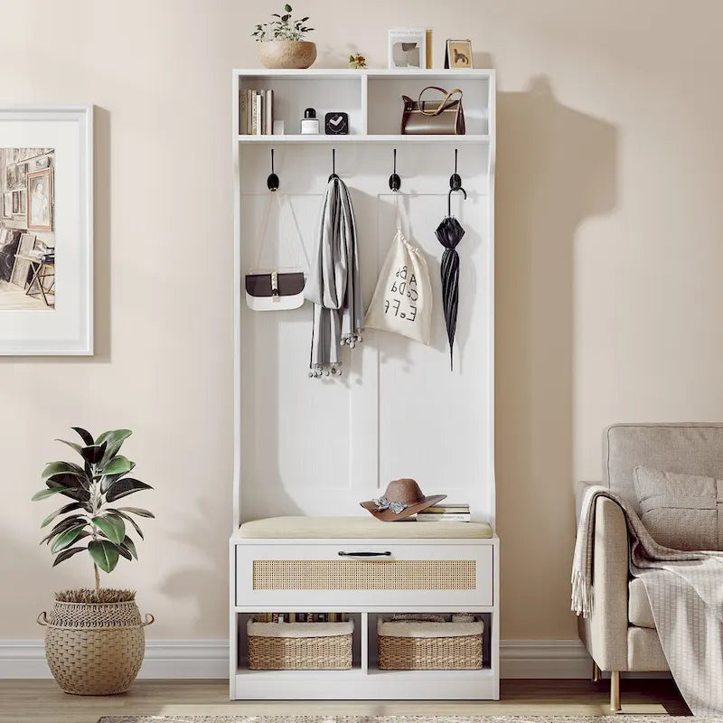 67 Meuble d'entrée 3-en-1 avec banc à chaussures, porte-manteau, 4 patères et 6 compartiments pour entrée