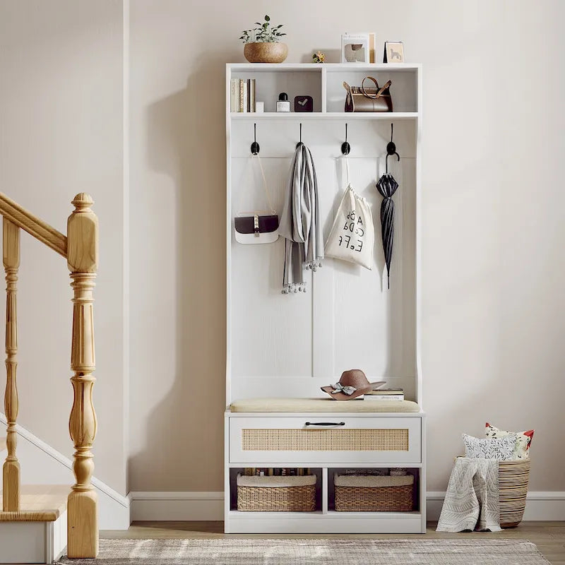 67 Meuble d'entrée 3-en-1 avec banc à chaussures, porte-manteau, 4 patères et 6 compartiments pour entrée