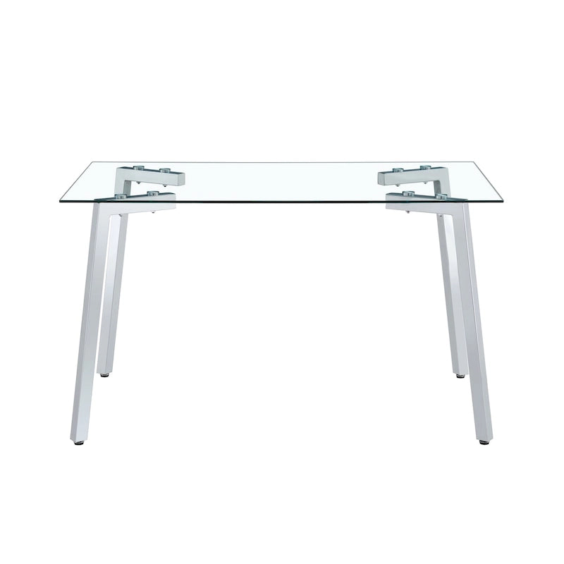 Table à manger en verre, rectangulaire, moderne et minimaliste, pour 4 personnes, avec plateau en verre trempé et pieds en métal pour cuisines et restaurants.
