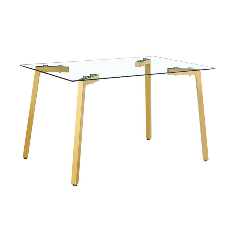 Table à manger en verre, rectangulaire, moderne et minimaliste, pour 4 personnes, avec plateau en verre trempé et pieds en métal pour cuisines et restaurants.