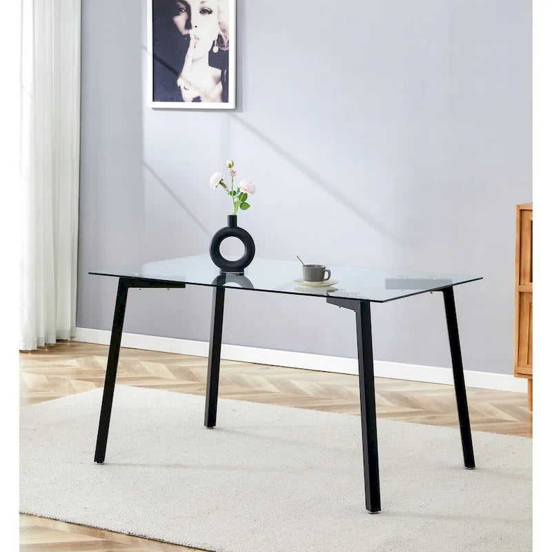 Table à manger en verre, rectangulaire, moderne et minimaliste, pour 4 personnes, avec plateau en verre trempé et pieds en métal pour cuisines et restaurants.