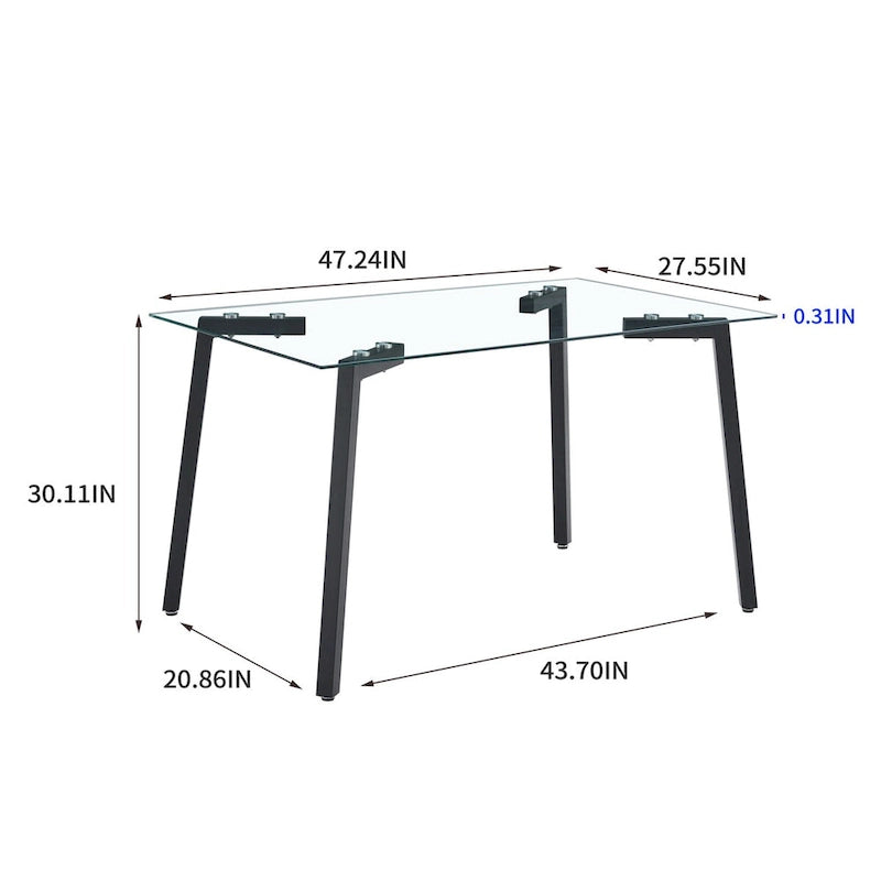 Table à manger en verre, rectangulaire, moderne et minimaliste, pour 4 personnes, avec plateau en verre trempé et pieds en métal pour cuisines et restaurants.