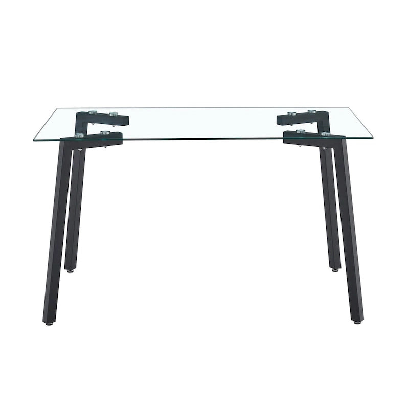 Table à manger en verre, rectangulaire, moderne et minimaliste, pour 4 personnes, avec plateau en verre trempé et pieds en métal pour cuisines et restaurants.
