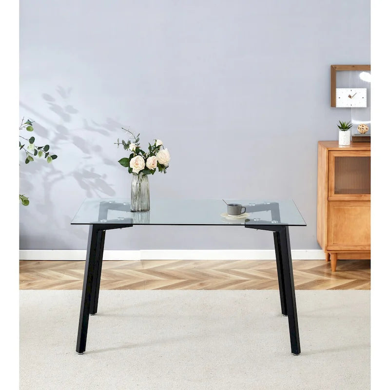 Table à manger en verre, rectangulaire, moderne et minimaliste, pour 4 personnes, avec plateau en verre trempé et pieds en métal pour cuisines et restaurants.